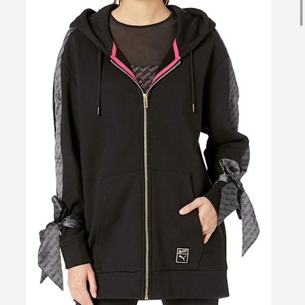 NWOT Lmtd Ed OVERSIZED Puma X Barbie Hoodie Black Fushia Grey Satin Bows Ribbon